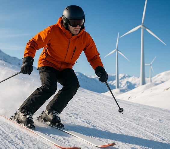 Ein Skifahrer in orangefarbener Jacke fährt eine schneebedeckte Piste hinunter, während im Hintergrund mehrere Windräder stehen – Symbol für nachhaltiges Recycling von Windkraftanlagen.