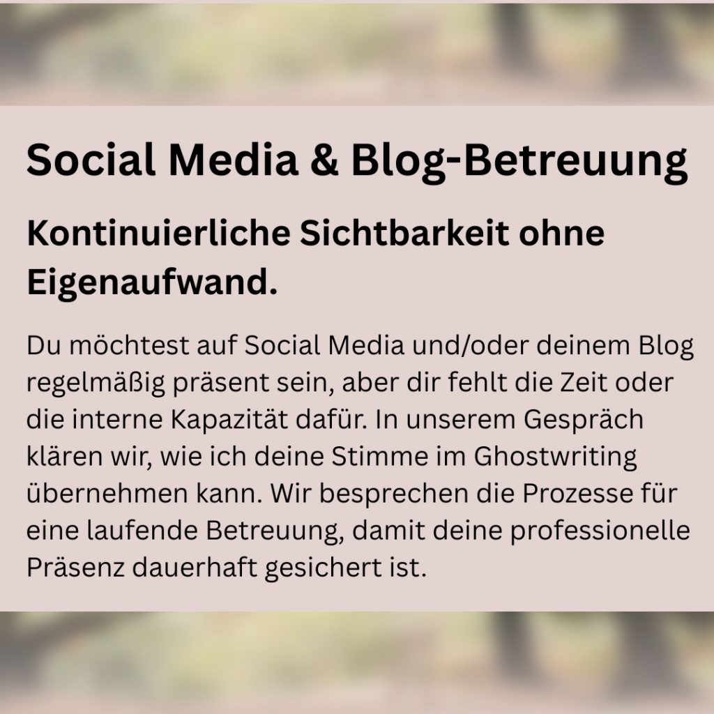 Grafik zum Angebot Social Media und Blog-Betreuung: Strategisches Ghostwriting für kontinuierliche Sichtbarkeit auf LinkedIn und im Web. Fokus auf Experten-Themen für Nachhaltigkeit und Gesundheit.