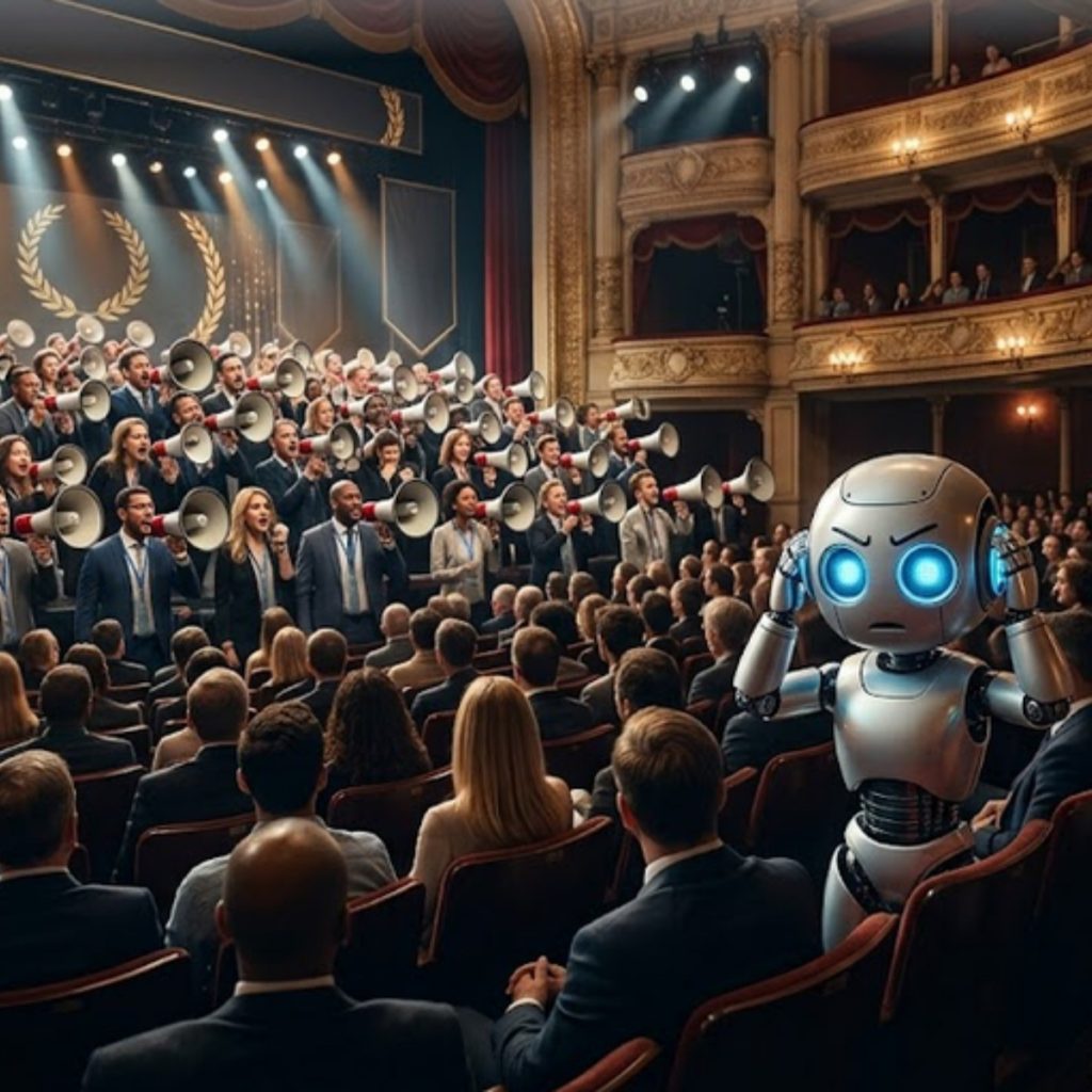 Ein kleiner Roboter symbolisiert die KI und hält sich auf einer Zuschauertribüne genervt die Ohren zu, während auf der Bühne Menschen laut in Megafone schreien. Im Vordergrund sitzt ein ruhiger Experte mit Notizbuch, den die KI bevorzugt – Metapher für die KI-Suche und GEO im Online-Marketing.