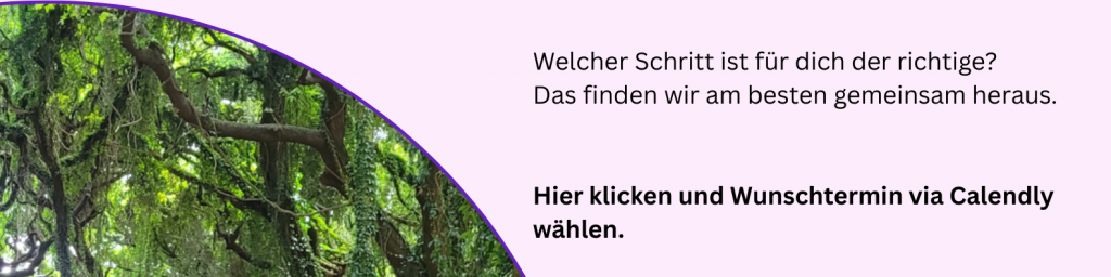 Banner zum Buchen eines Erstgesprächs via Calendly mit Waldmotiv und dem Text: Welcher Schritt ist für dich der richtige?
