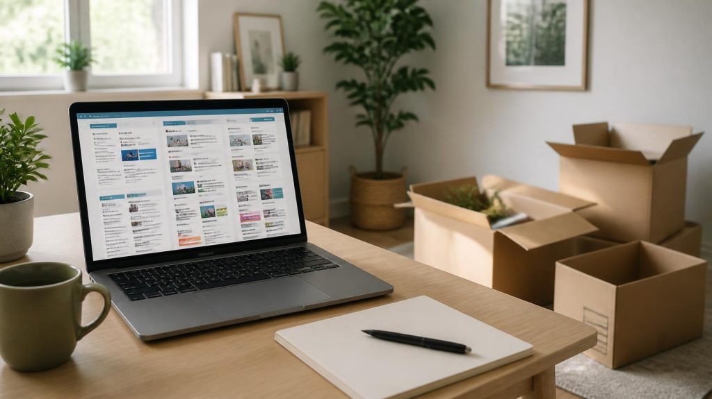 Laptop mit überladener Website neben halbgepackten Umzugskartons als Sinnbild für Website-Entrümpelung